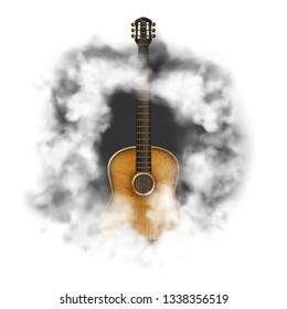 Acoustic guitar in a cloud of smoke, isolated objects on a white background.