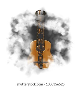 Acoustic guitar in a cloud of smoke, isolated objects on a white background.