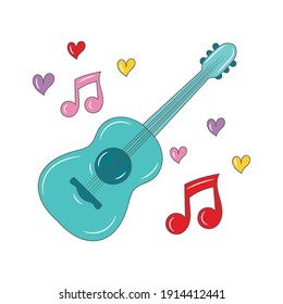 Acoustic guitar colored colored vector illustration. isolated with hand drawn style 