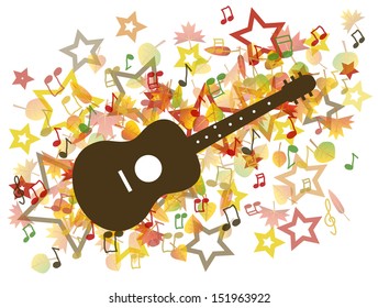 Acoustic guitar and colorful autumn leaves illustration