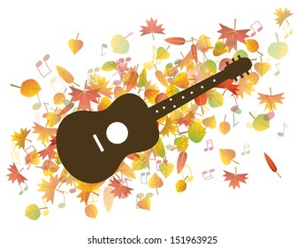 Acoustic guitar and colorful autumn leaves illustration