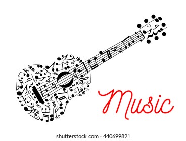 Acoustic guitar composed of musical stave with notes symbol for music, arts and entertainment design usage with treble and bass clefs, chords and rests