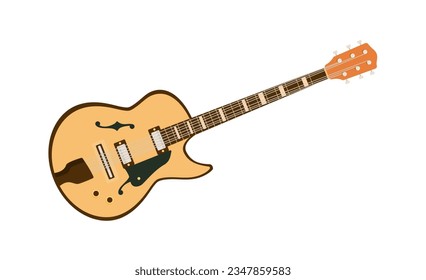 Acoustic guitar concept. Musical string instrument. Jazz and blues, sound. Sticker for social networks and messengers. Cartoon flat vector illustration isolated on white background