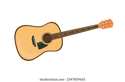 Concepto de guitarra acústica. Instrumento de cadena musical. Sonido y melodía, canción. Banda y grupo. Afiche o cartel para el sitio web. Dibujo vectorial plano de dibujos animados aislado en fondo blanco