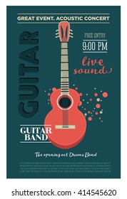 Acoustic Guitar Concert Flyer Template. Retro Typographical Vector Poster. Flat Style Design