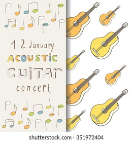 Acoustic guitar concert invitation card with doodle guitar, notes, funny font, shadow. Guitar concert background, postcard, cover
