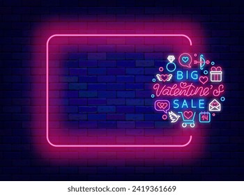 Acoustic guitar concert neon advertising. Stringed musical instrument and empty blue frame. Music school. Event holiday. Copy space. Glowing poster. Editable stroke. Vector stock illustration