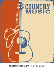 Acoustic guitar and cowboy American hat for text. Vintage Country music of Vector poster with grunge frame background