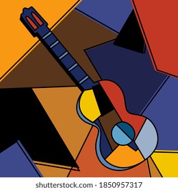 An acoustic guitar cubist surrealism painting modern abstract design. A musical instrument. Abstract colorful music. Cubism minimalist style. Guitar and music theme. Vector illustration