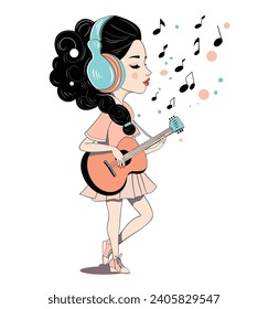 Guitarra acústica con diseño vectorial de chica linda. Ilustración de afiches