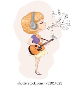 Acoustic guitar with cute girl vector design
