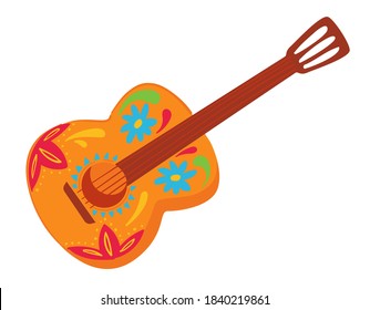 Akustische Gitarre mit Flora und gemalten Ornamenten, isoliertes mexikanisches Streichinstrument zum Musikspielen. Musikalisches Konzert, Mariachi Kultur und Traditionen. Cinco de mayo, Vektorgrafik auf flachem Hintergrund