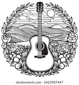 Acoustic guitar decorated with flowers, line art style emblem logo music theme spring hippie nature vacation