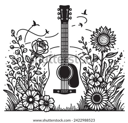 acoustic guitar decorated with flowers, line art sketch style music theme spring hippie nature vacation