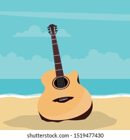 Acoustic guitar design with beach background in summer