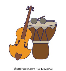 Acoustic guitar and drum with sticks blue lines