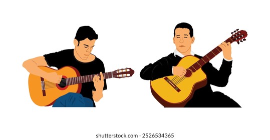 Acoustic guitar duet man playing guitar vector illustration isolated. Classic music concert performer. Musician artist amusement public. Virtuoso guitar duo. Teamwork art boys play string instrument.