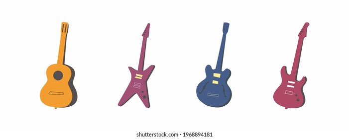 Acoustic guitar, electric guitar set. SVG. Musical stringed instruments. Colorful flat isolated templates vector illustration for plotter and laser cutting. Sticker and label. Rock, jazz, blues music. svg