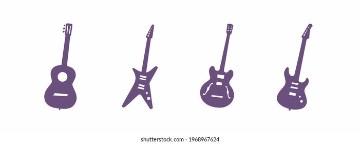 Acoustic guitar, electric guitar set. SVG. Musical stringed instruments. Colorful flat isolated templates vector illustration for plotter and laser cutting. Sticker and label. Rock, jazz, blues music.