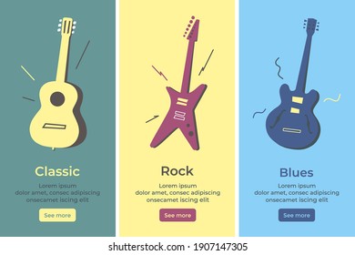 Acoustic guitar, electric guitar. Set of vector Isolated banners of musical stringed instruments. Classic, rock, jazz and blues style. Page оnline store. Abstract illustration. Poster. Musical band.  