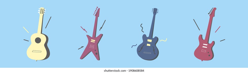 Acoustic guitar, electric guitar. Set of vector Isolated banners of musical stringed instruments. Classic, rock, jazz and blues music. Instruments  for band. Banner or background. Vector illustration.