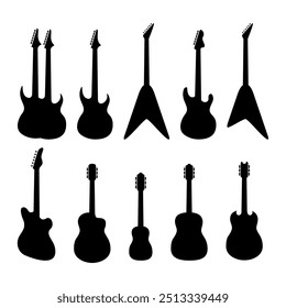 Acoustic guitar and electric guitar silhouette icon set. Guitars graphic body outline metal musical instruments colletion, bass, melody, equipment music symbols. Black concept. Vector illustration