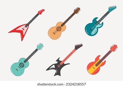 Acoustic guitar, electric guitar and ukulele set. String musical instruments. Musical instruments for entertainment. Cute flat cartoon style. Vector isolated electric vintage guitar design.