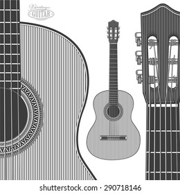 Acoustic Guitar in engraving style. Vector illustration isolated grouped, transparent background