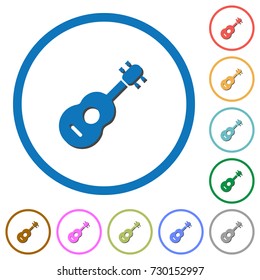 Acoustic guitar flat color vector icons with shadows in round outlines on white background