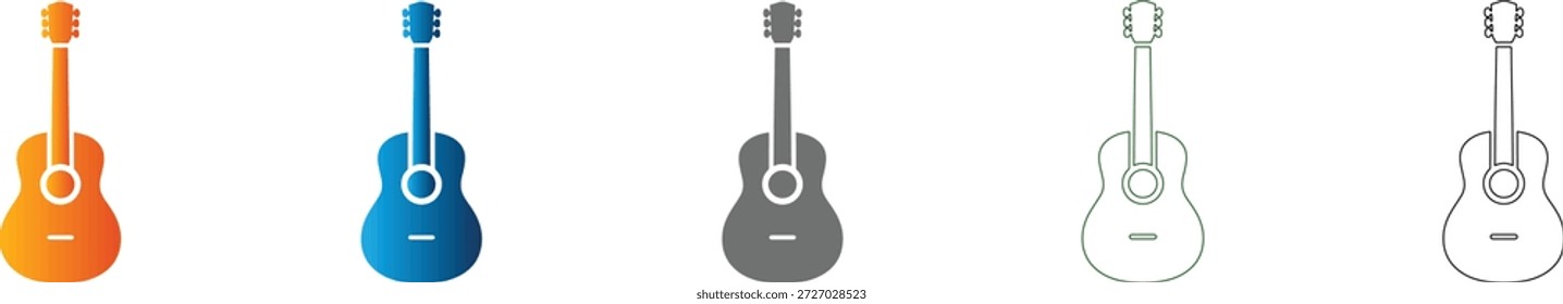 Conjunto de iconos planos de guitarra Acústica Vector negro sólido aislado sobre fondo blanco. Representando música y sonido.