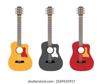 Acoustic Guitar Flat Style Different Colors Set. Arts and playing music concept vector art