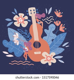 Acoustic Guitar in flowers. Musical instruments store poster design idea with notes, leaves isolated on dark background. Rock band performance,banner template. flat hand drawn vector illustration.