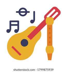 Acoustic Guitar and Flute, School Supplies, Educational and Back to School Elements Flat Style Vector Illustration on White Background