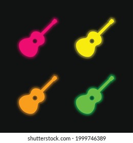 Acoustic Guitar four color glowing neon vector icon