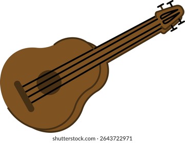 Um violão com quatro cordas em estilo cartoon. O instrumento é representado com um corpo arredondado e pinos de afinação detalhados. Ilustração de vetor de desenhos animados.