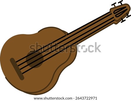 An acoustic guitar with four strings in a cartoon style. The instrument is depicted with a rounded body and detailed tuning pegs. Cartoon vector illustration.