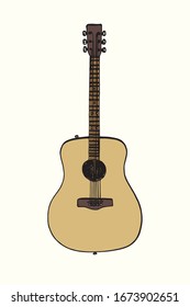 Acoustic guitar, hand drawn doodle gravure vintage style, sketch, color vector illustration