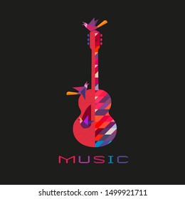 Acoustic guitar hand drawn flat colorful music vector icon. Classic Guitar silhouette design element. Vintage musical string instrument emblem logo template. Avertisement event background illustration