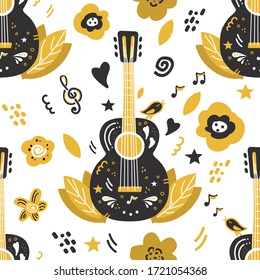 Acoustic guitar hand drawn vector seamless pattern in a flat style. Kids texture for fabric, wrapping, textile, wallpaper, apparel. Vector illustration.