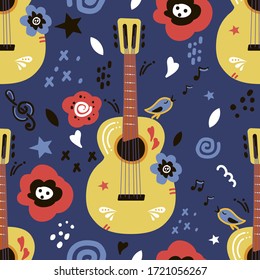 Acoustic guitar hand drawn vector seamless pattern in a flat style. Kids texture for fabric, wrapping, textile, wallpaper, apparel. Vector illustration.