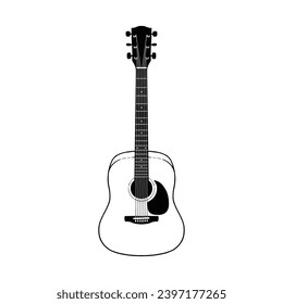 Acoustic guitar hand drawn vector illustration isolated on white background. Design element for shirt design, logo, sign, poster, banner, card.