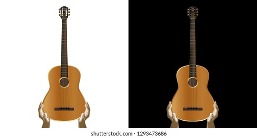 Acoustic guitar in hand. Isolated object on white and black background.