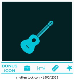 Acoustic guitar icon flat. Blue pictogram on dark background. Vector illustration symbol and bonus icons