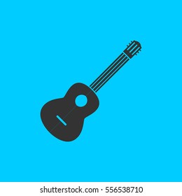 Acoustic guitar icon flat. Simple vector black pictogram on blue background