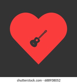 Acoustic guitar icon flat. Simple pictogram on heart background. Vector illustration symbol