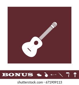 Acoustic guitar icon flat. White pictogram on brown background. Vector illustration symbol and bonus icons