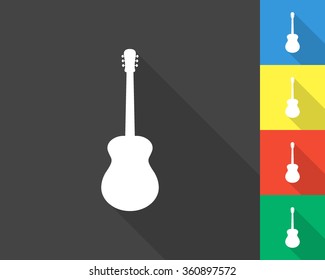 acoustic guitar icon - gray and colored (blue, yellow, red, green) vector illustration with long shadow