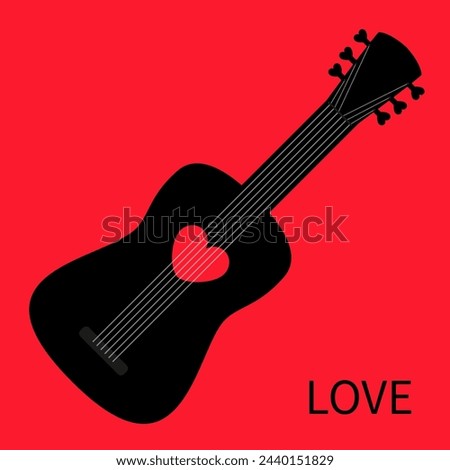 Acoustic guitar icon. Love. Music instrument. Red heart icon sign symbol. Black silhouette. Love greeting card, banner, invitation template. Happy Valentines Day. Flat design. Red background. Vector
