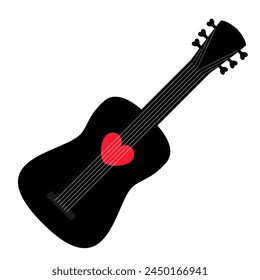 Acoustic guitar icon. Music instrument. Red heart icon sign symbol. Black silhouette. Love greeting card, banner, invitation template. Happy Valentines Day. Flat design. White background. Vector
