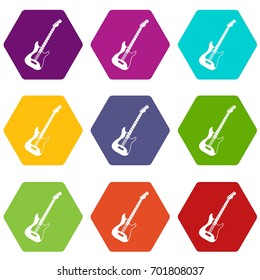 Acoustic guitar icon set many color hexahedron isolated on white vector illustration